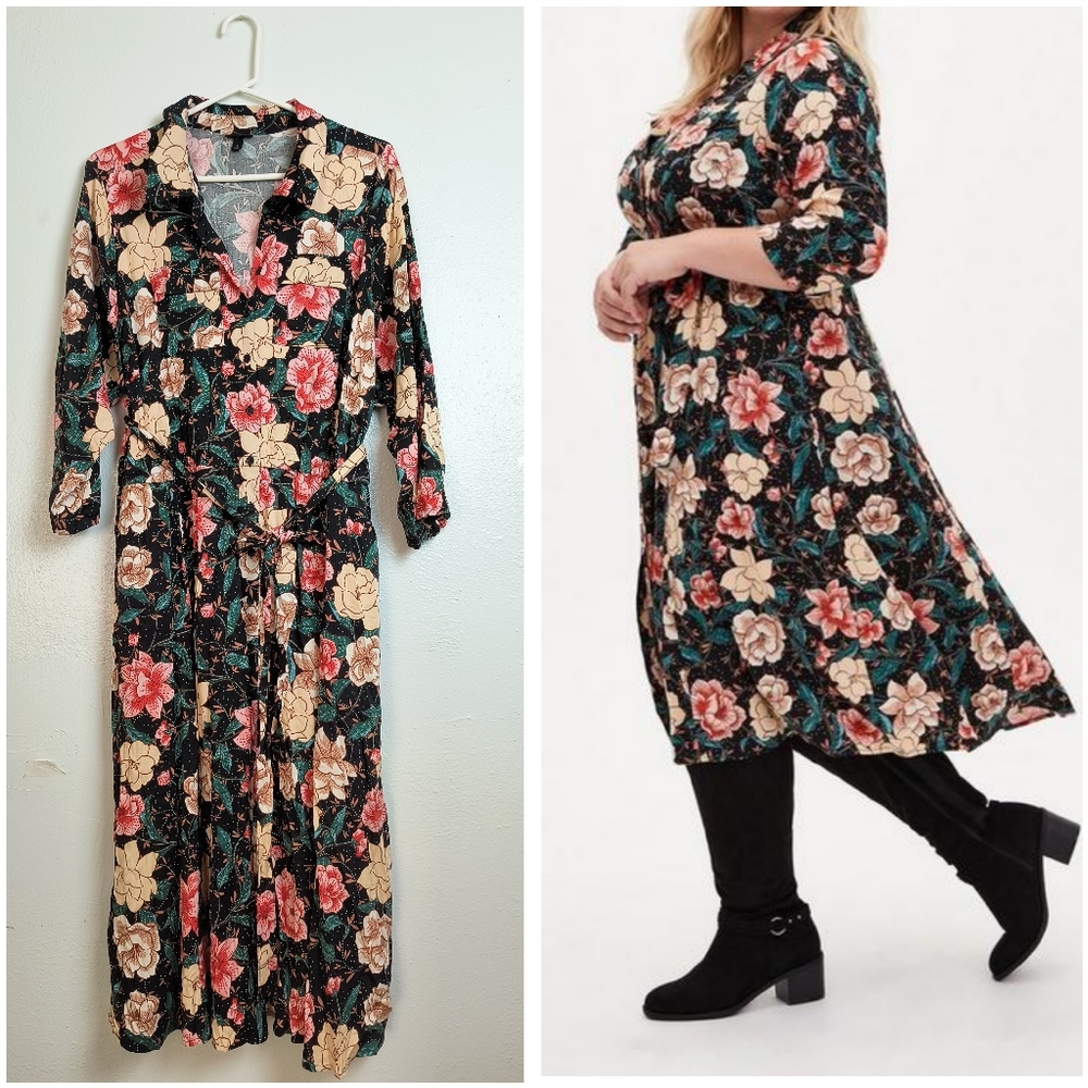 Torrid Black Cream A-line Midi Dress with 3/4 Cuffed Sleeves Size 4X Belted
